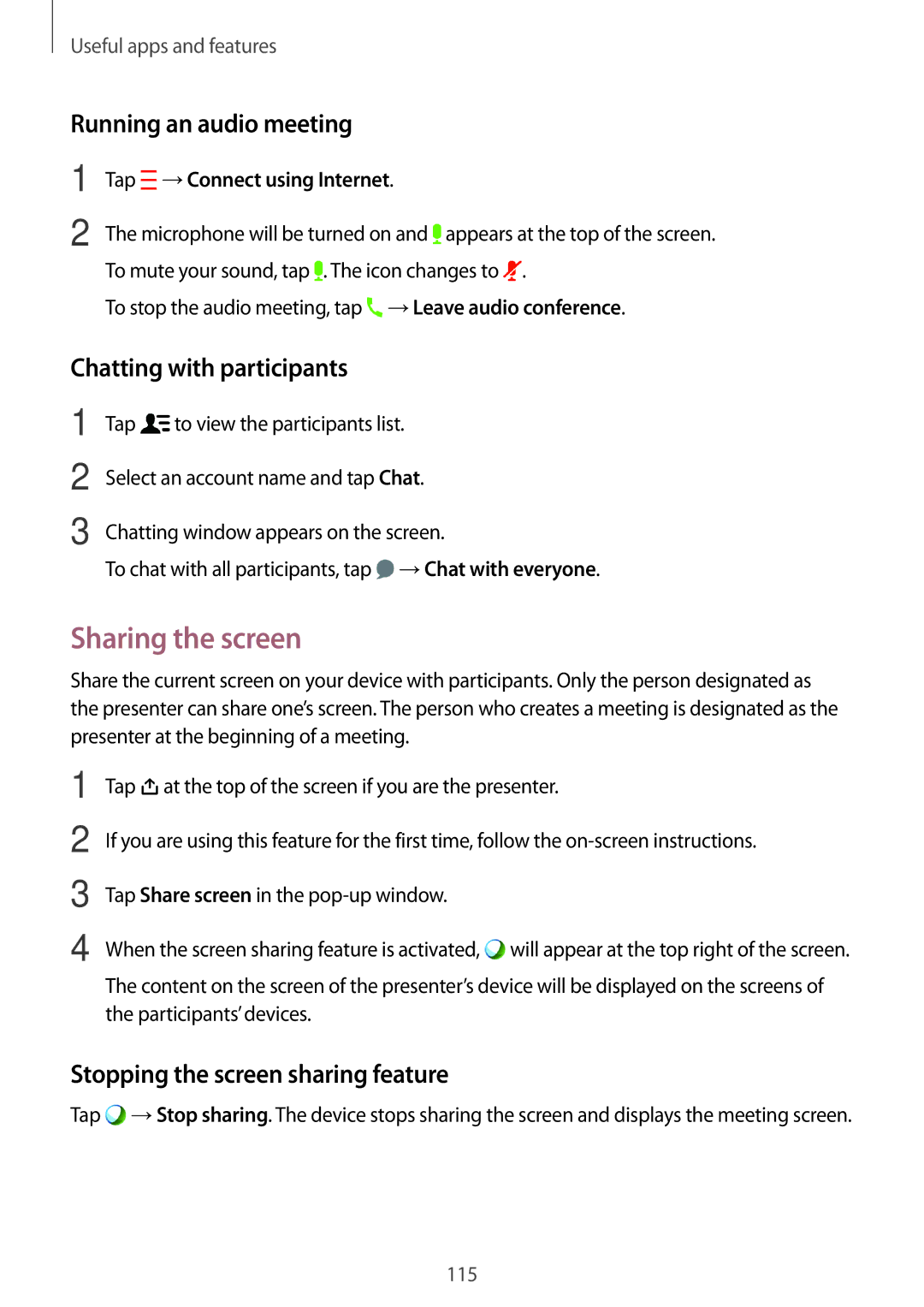 Samsung SM-T700NZWAPHE, SM-T700NZWAXEO manual Sharing the screen, Running an audio meeting, Chatting with participants 