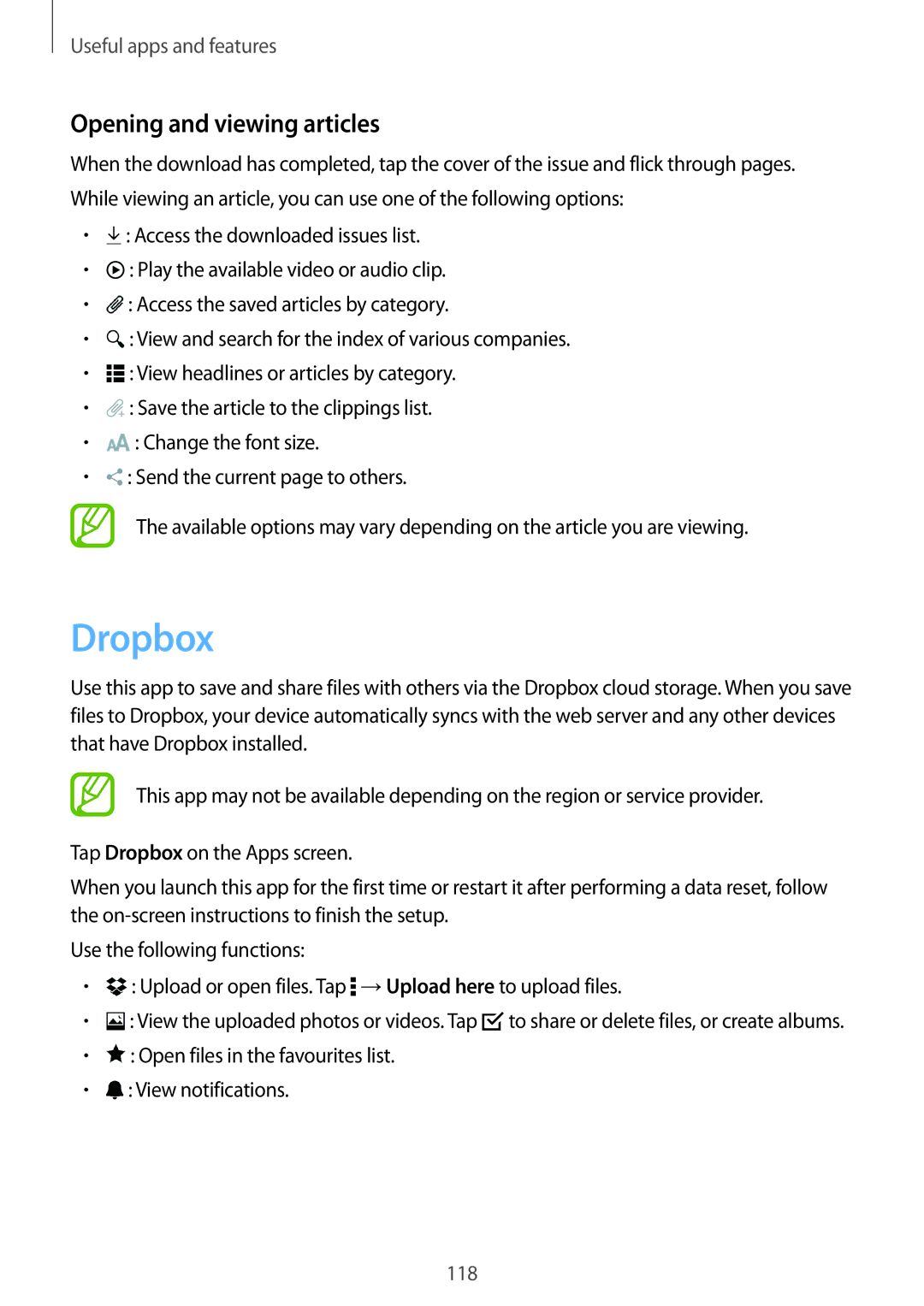Samsung SM-T700NZWABGL manual Dropbox, Opening and viewing articles, Open files in the favourites list View notifications 