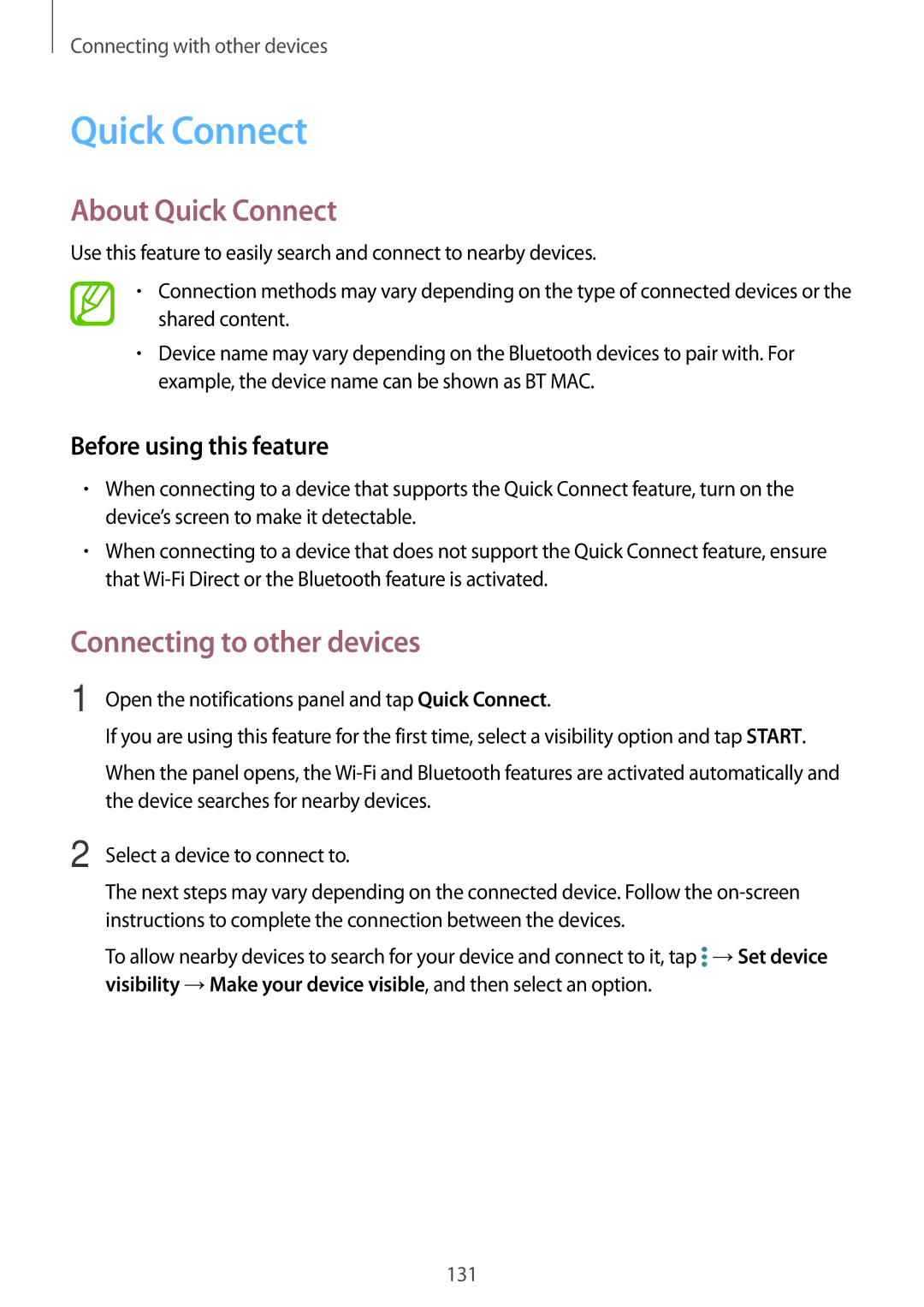 Samsung SM-T700NZWAILO, SM-T700NZWAXEO, SM-T700NZWASEB, SM-T700NZWADBT About Quick Connect, Before using this feature 