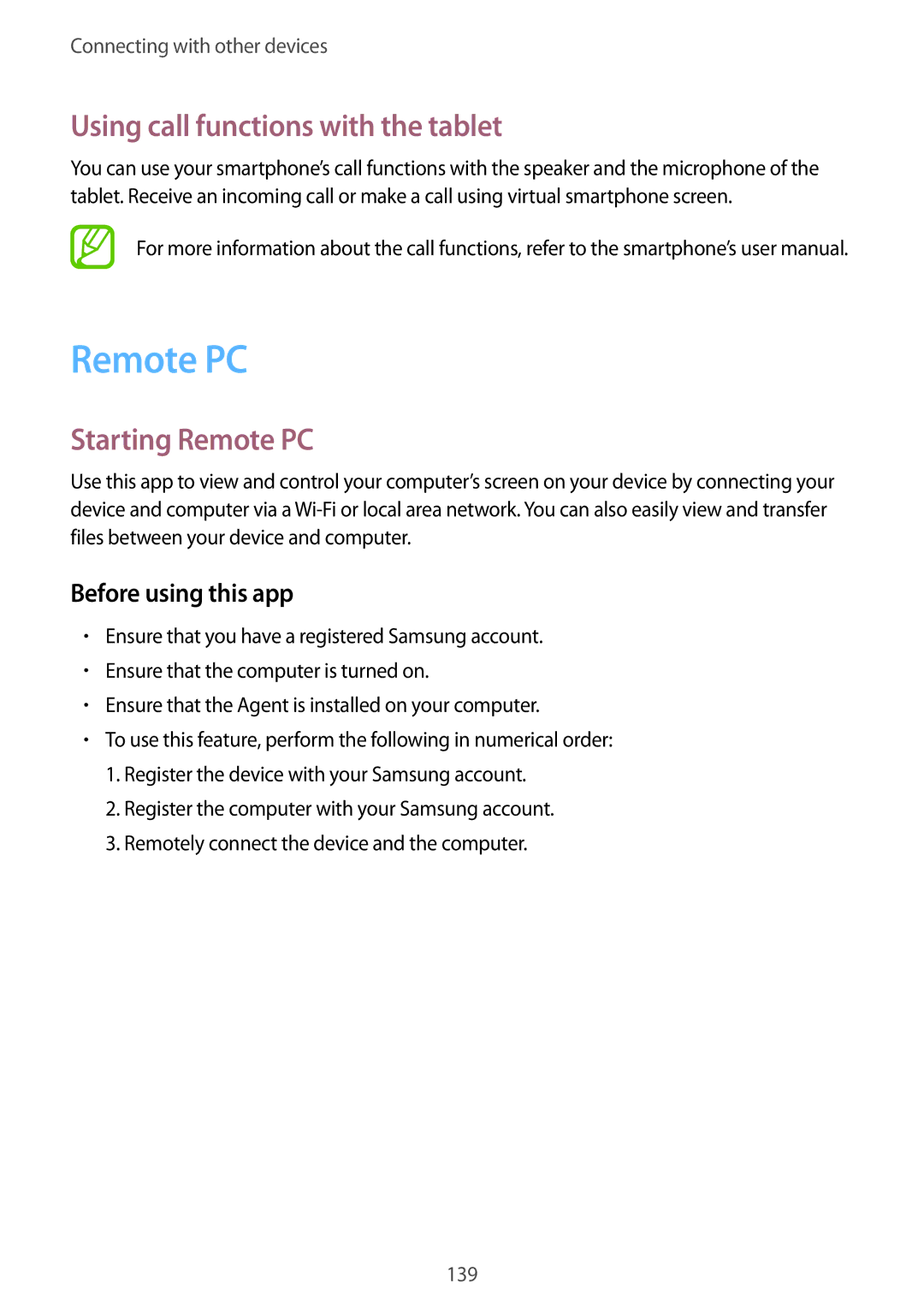 Samsung SM-T700NZWASEB, SM-T700NZWAXEO, SM-T700NZWADBT manual Using call functions with the tablet, Starting Remote PC 