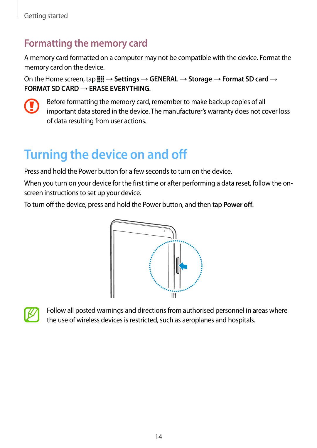 Samsung SM-T700NZWAXEF, SM-T700NZWAXEO, SM-T700NZWASEB manual Turning the device on and off, Formatting the memory card 