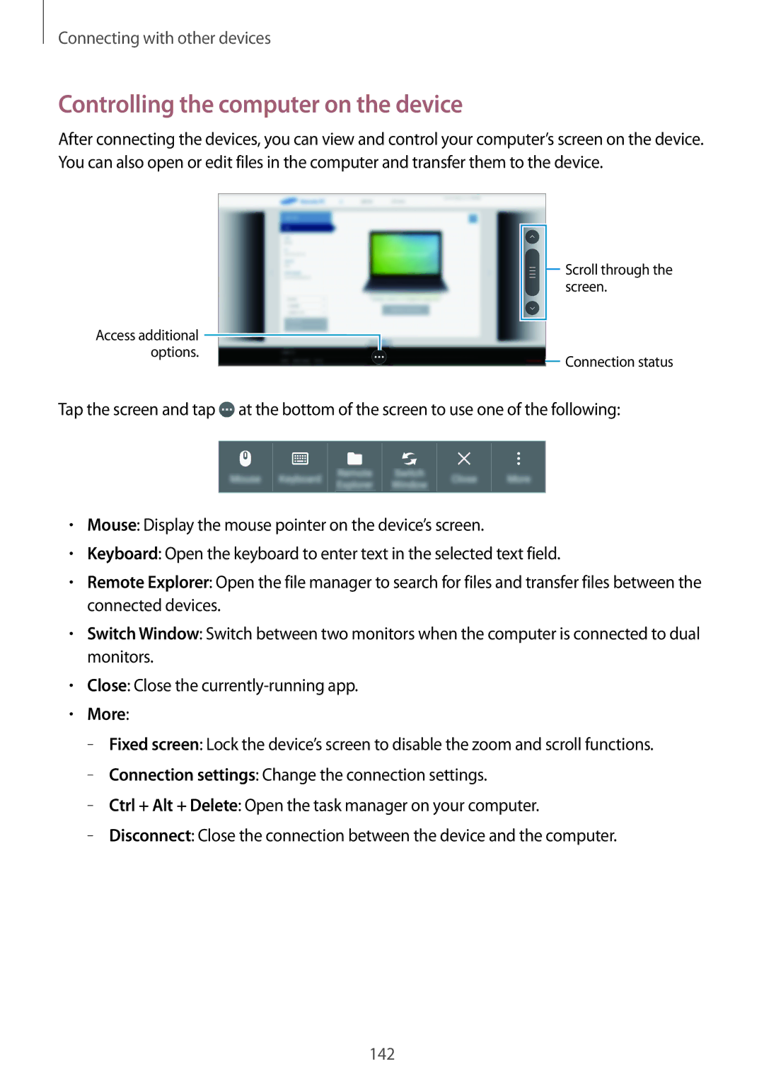 Samsung SM-T700NZWATPH, SM-T700NZWAXEO, SM-T700NZWASEB, SM-T700NZWADBT manual Controlling the computer on the device, More 