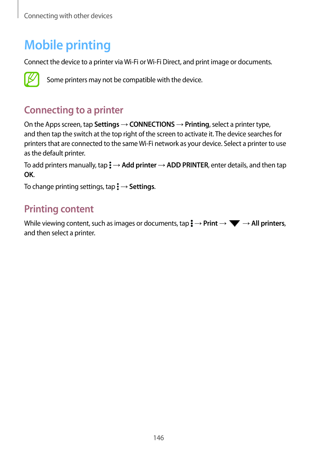 Samsung SM-T700NTSAATO, SM-T700NZWAXEO, SM-T700NZWASEB manual Mobile printing, Connecting to a printer, Printing content 