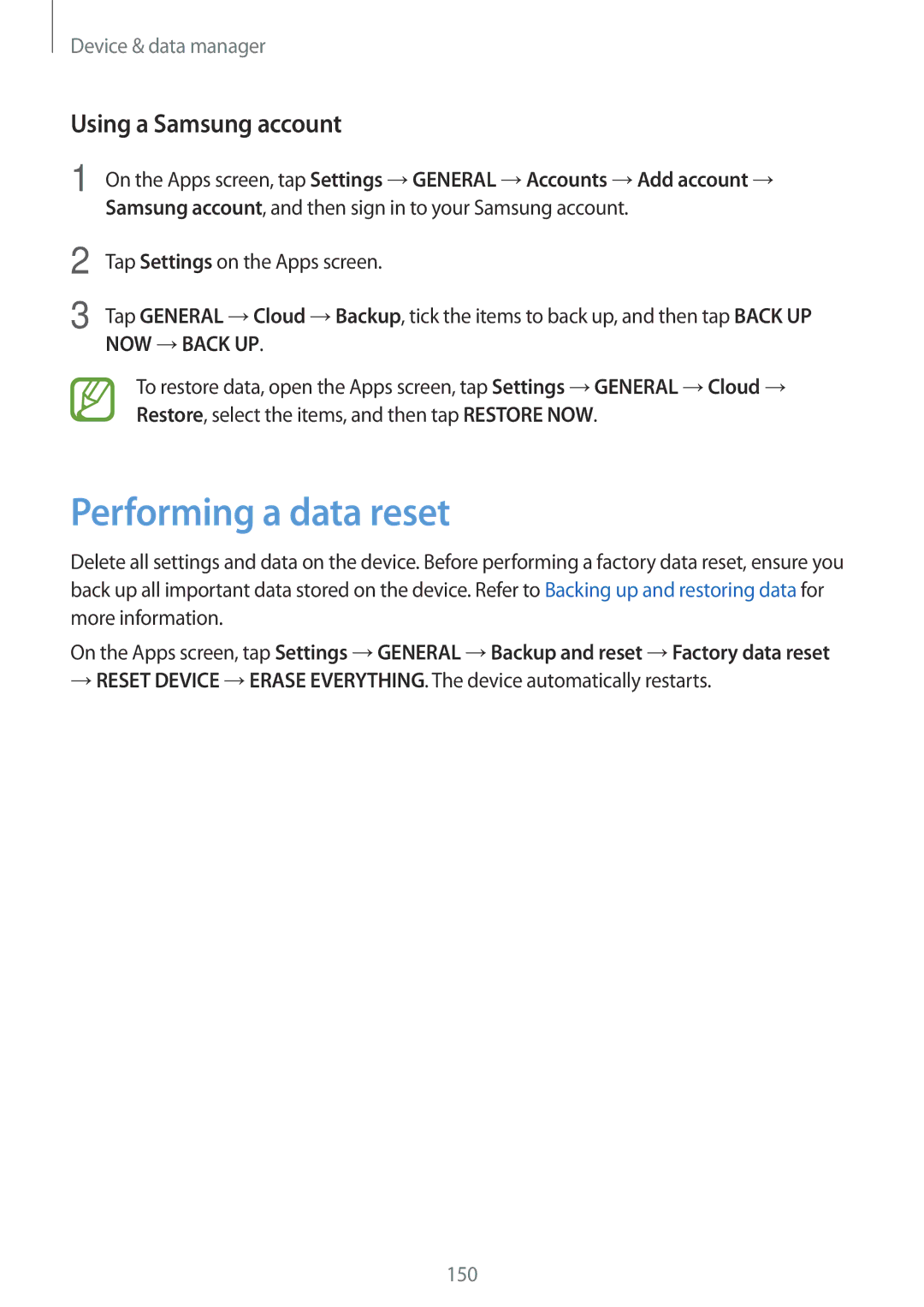 Samsung SM-T700NZWAATO, SM-T700NZWAXEO, SM-T700NZWASEB, SM-T700NZWADBT manual Performing a data reset, Using a Samsung account 