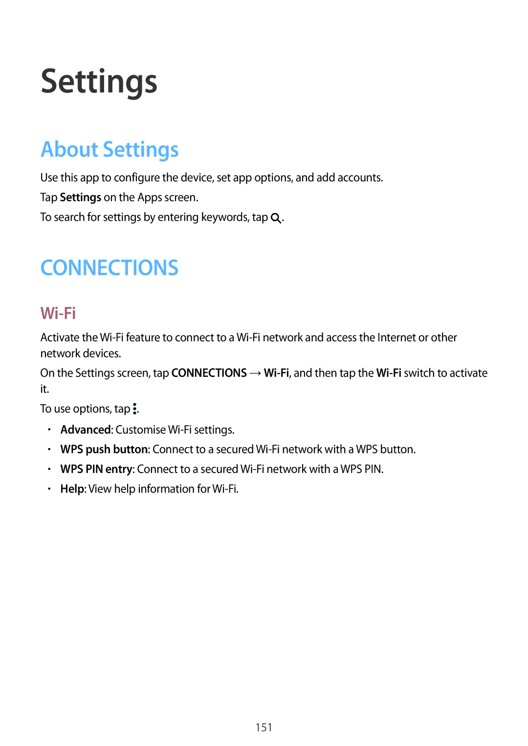 Samsung SM-T700NTSASEB, SM-T700NZWAXEO, SM-T700NZWASEB, SM-T700NZWADBT, SM-T700NTSADBT manual About Settings, Wi-Fi 