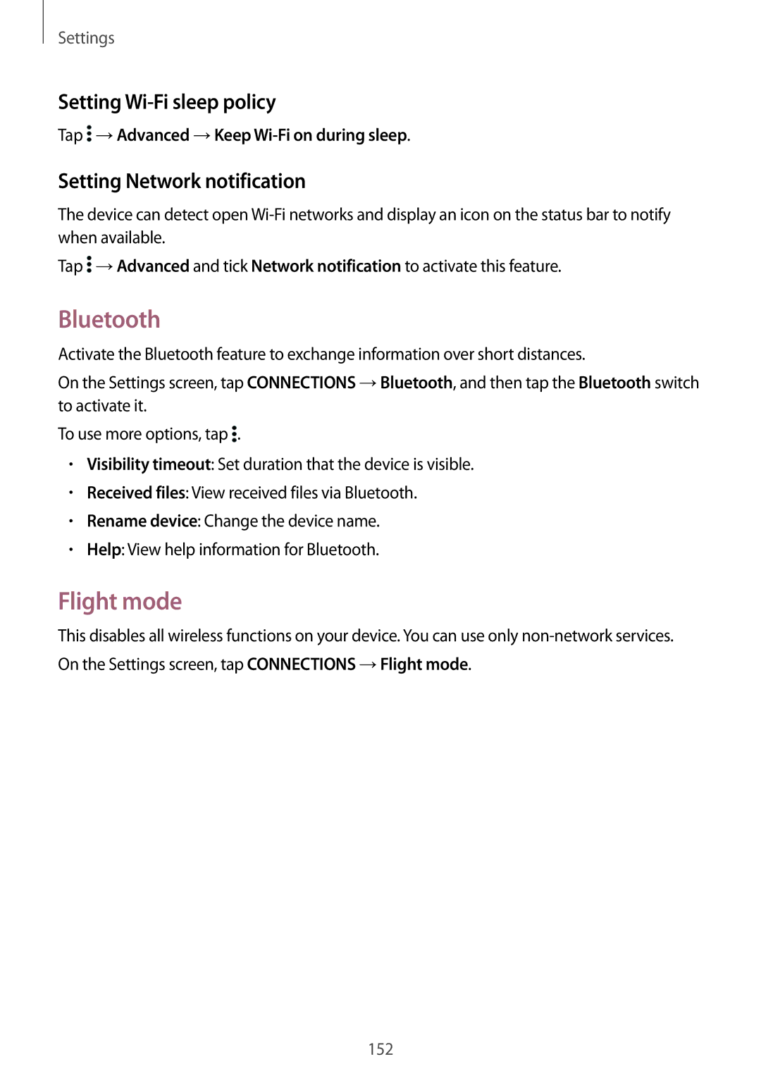 Samsung SM-T700NZWAXEF, SM-T700NZWAXEO Bluetooth, Flight mode, Setting Wi-Fi sleep policy, Setting Network notification 