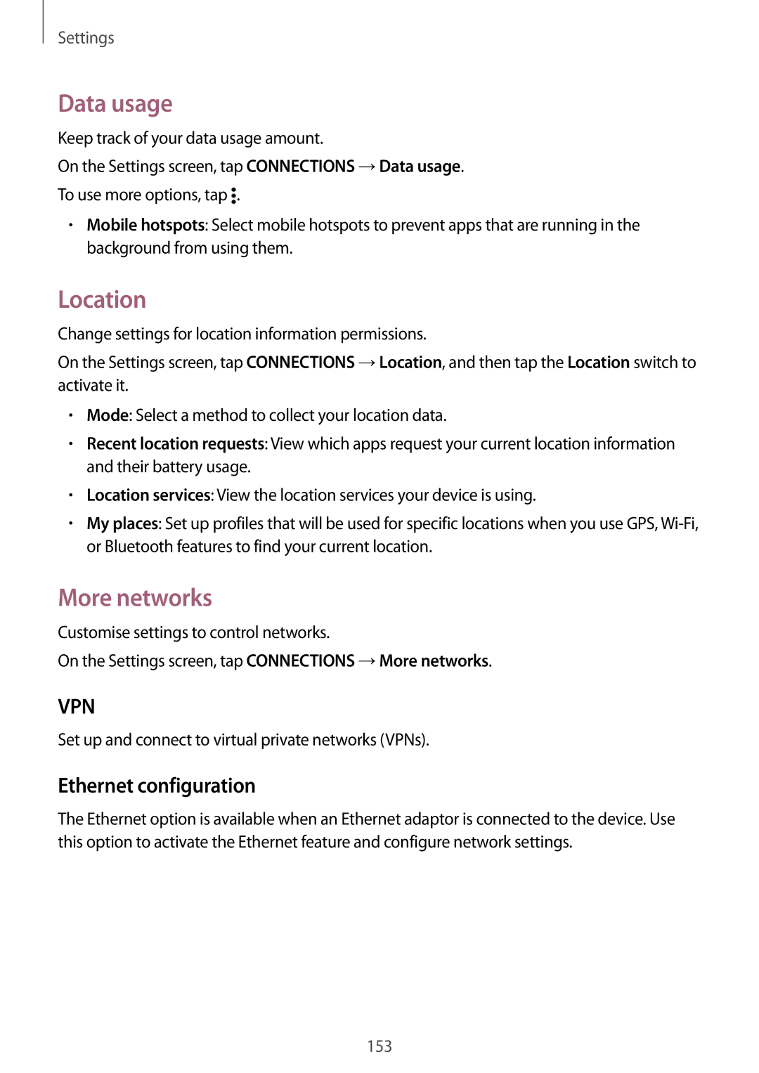 Samsung SM-T700NZWAXJP, SM-T700NZWAXEO, SM-T700NZWASEB manual Data usage, Location, More networks, Ethernet configuration 