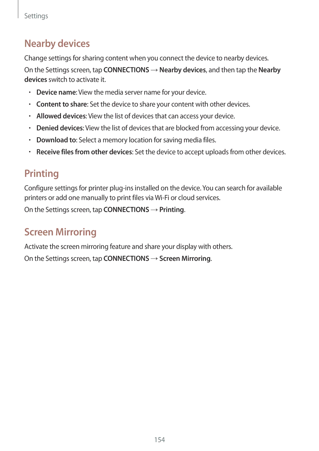 Samsung SM-T700NTSAXEF manual Nearby devices, Screen Mirroring, On the Settings screen, tap Connections →Printing 