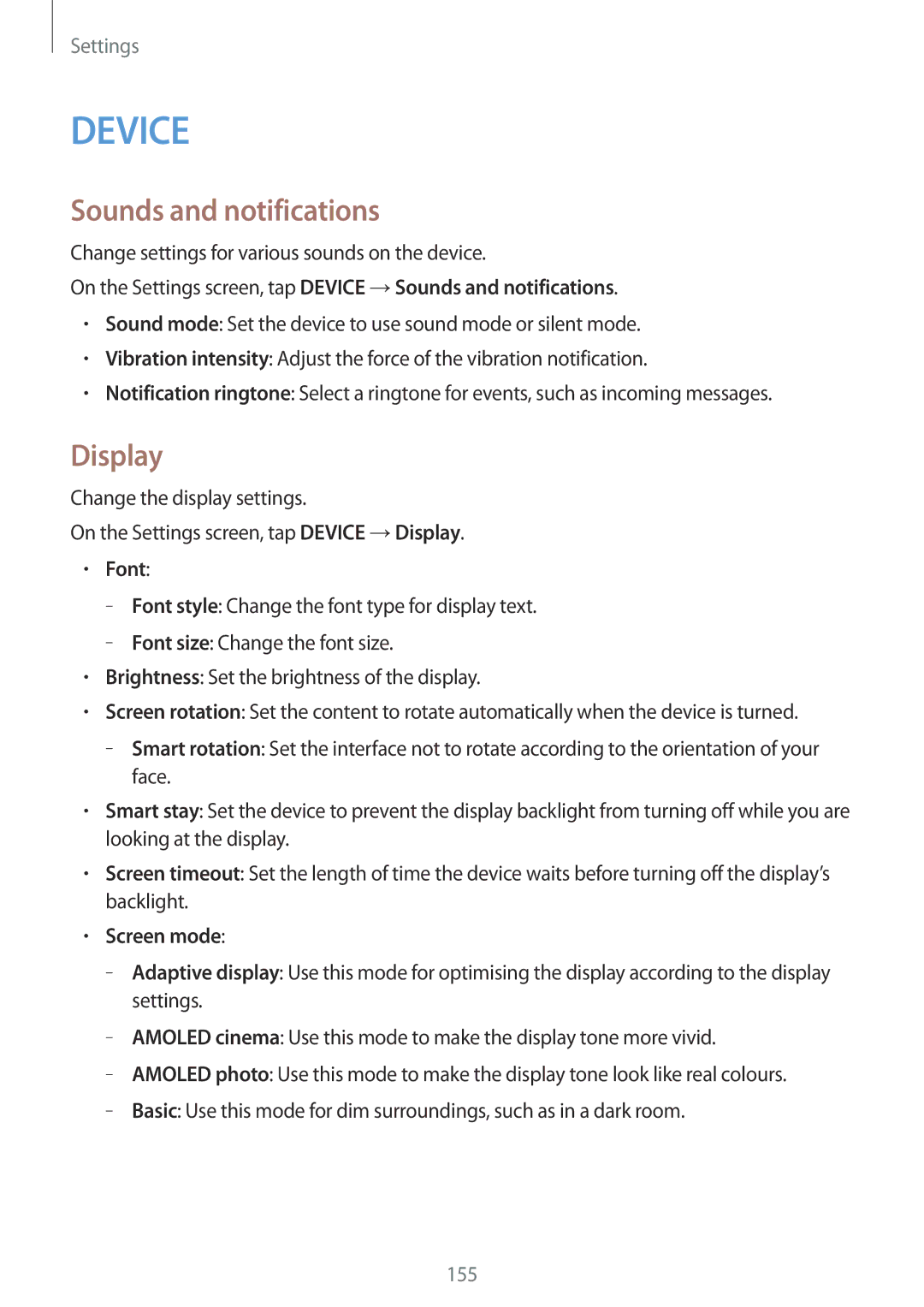 Samsung SM-T700NHAAXEF manual Sounds and notifications, Display, Change settings for various sounds on the device, Font 