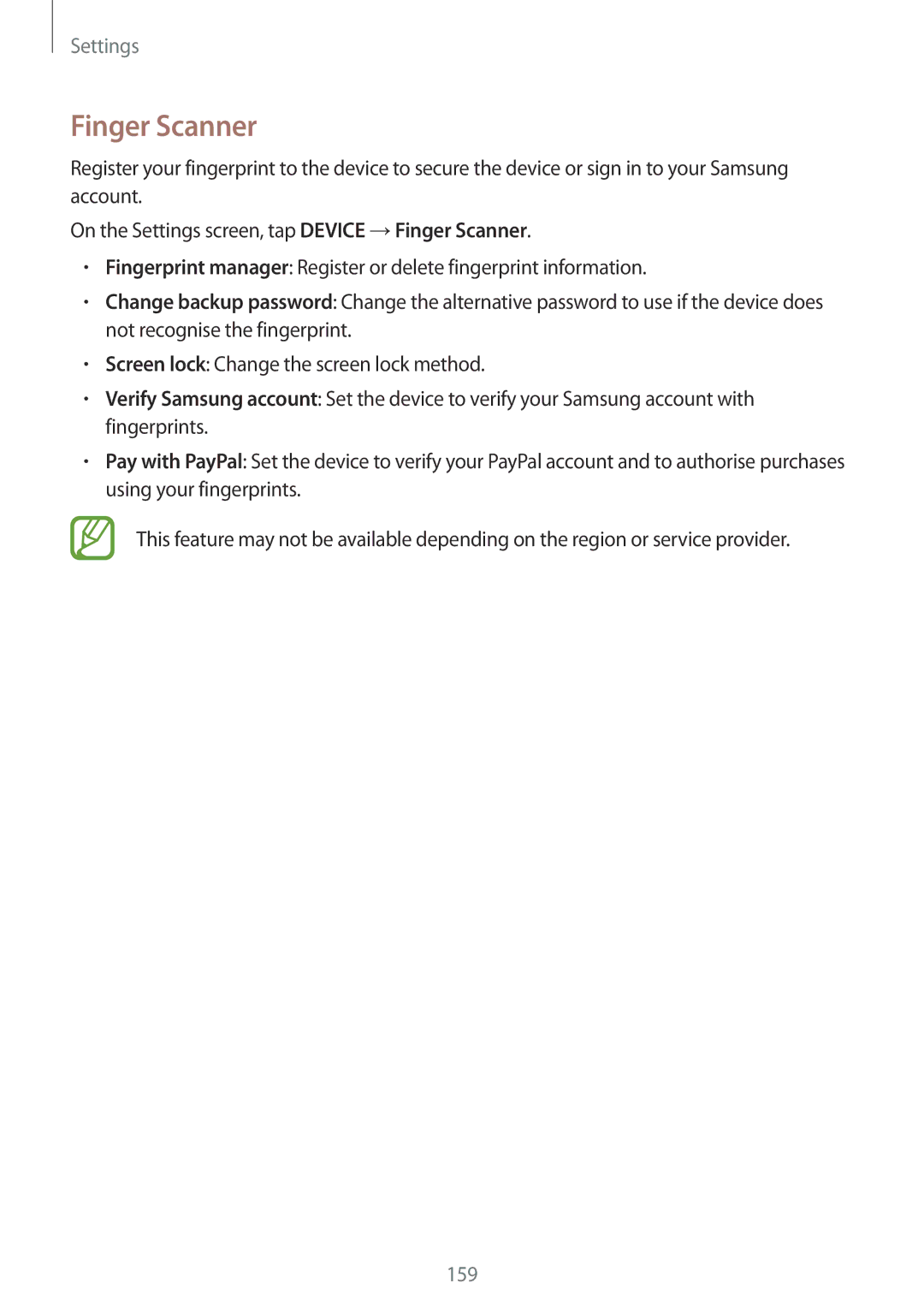 Samsung SM-T700NTSAPHE, SM-T700NZWAXEO, SM-T700NZWASEB, SM-T700NZWADBT, SM-T700NTSADBT, SM-T700NZWATPH manual Finger Scanner 