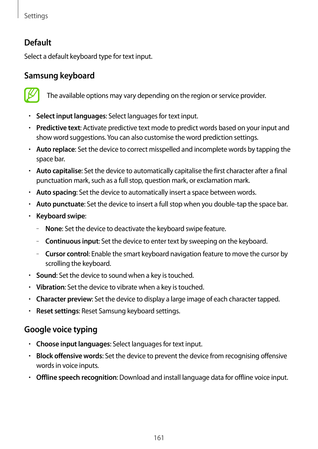 Samsung SM-T700NZWAPHE, SM-T700NZWAXEO, SM-T700NZWASEB manual Default, Samsung keyboard, Google voice typing, Keyboard swipe 