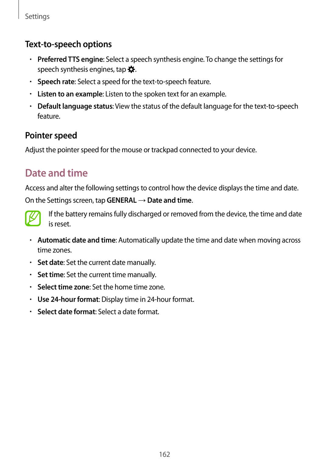 Samsung SM-T700NTSAXEH, SM-T700NZWAXEO, SM-T700NZWASEB, SM-T700NZWADBT Date and time, Text-to-speech options, Pointer speed 