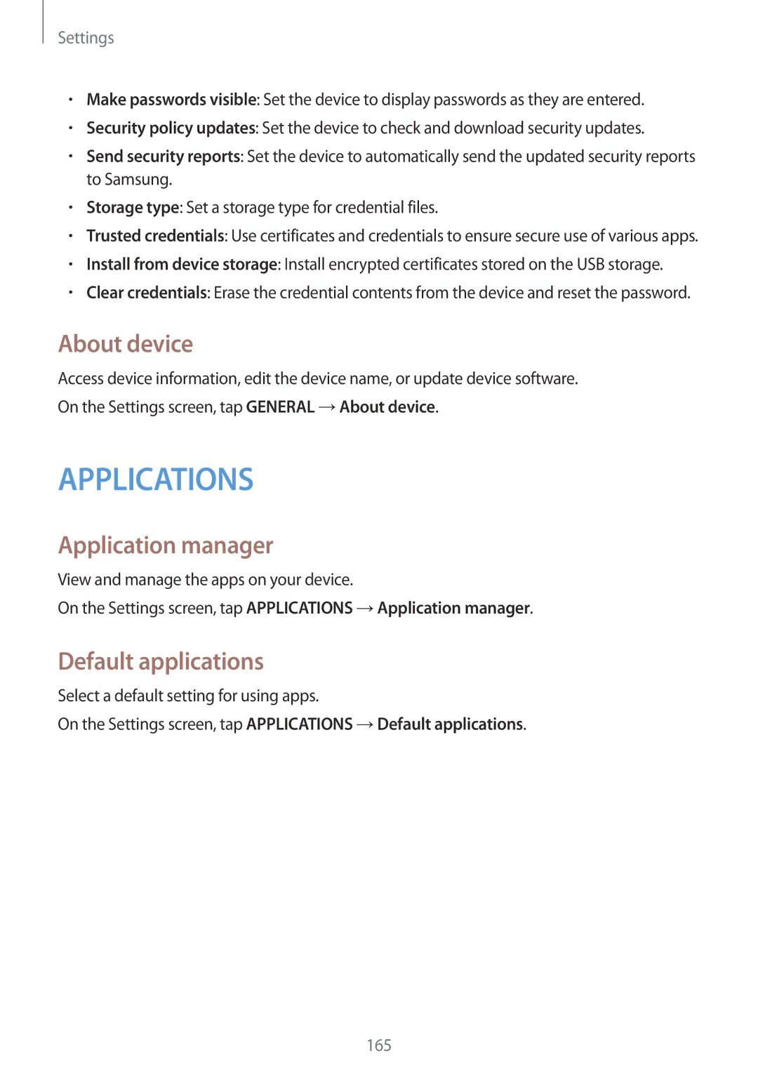 Samsung SM-T700NTSABGL About device, Application manager, Default applications, View and manage the apps on your device 