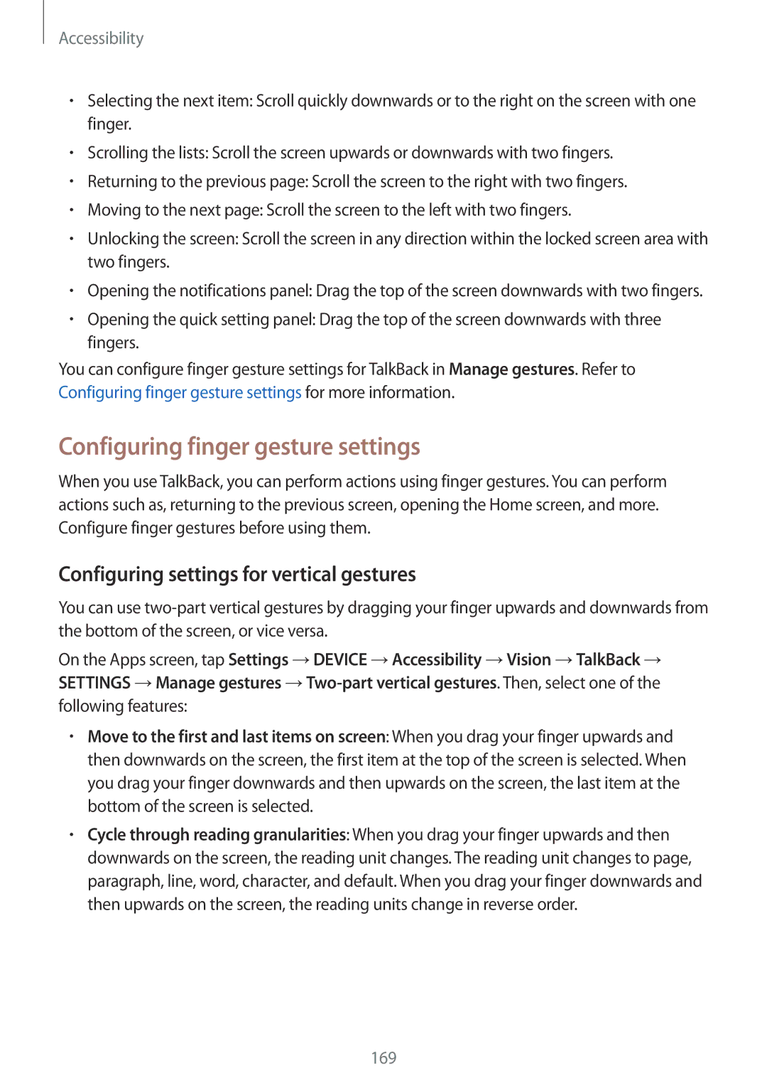 Samsung SM-T700NZWAXEH, SM-T700NZWAXEO Configuring finger gesture settings, Configuring settings for vertical gestures 