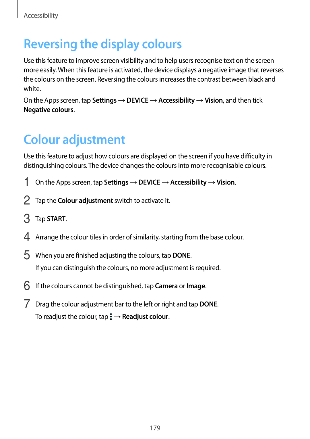 Samsung SM-T700NHAASER, SM-T700NZWAXEO, SM-T700NZWASEB, SM-T700NZWADBT manual Reversing the display colours, Colour adjustment 