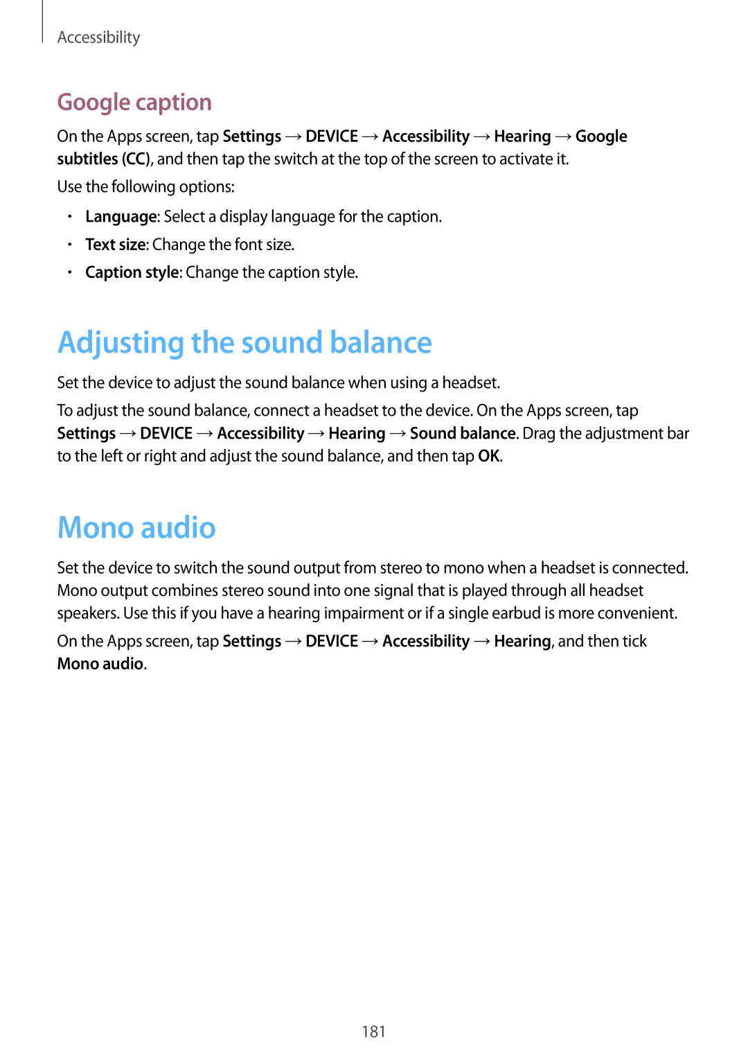 Samsung SM-T700NTSASER, SM-T700NZWAXEO, SM-T700NZWASEB manual Adjusting the sound balance, Mono audio, Google caption 