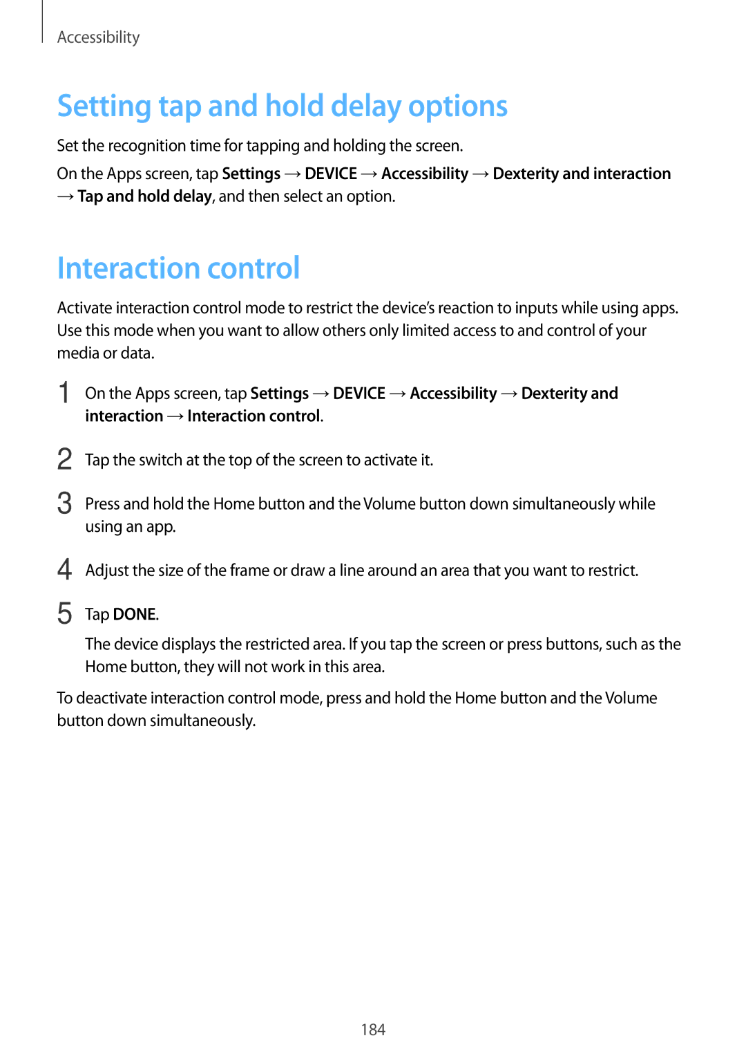 Samsung SM-T700NZWAXEO, SM-T700NZWASEB, SM-T700NZWADBT manual Setting tap and hold delay options, Interaction control 