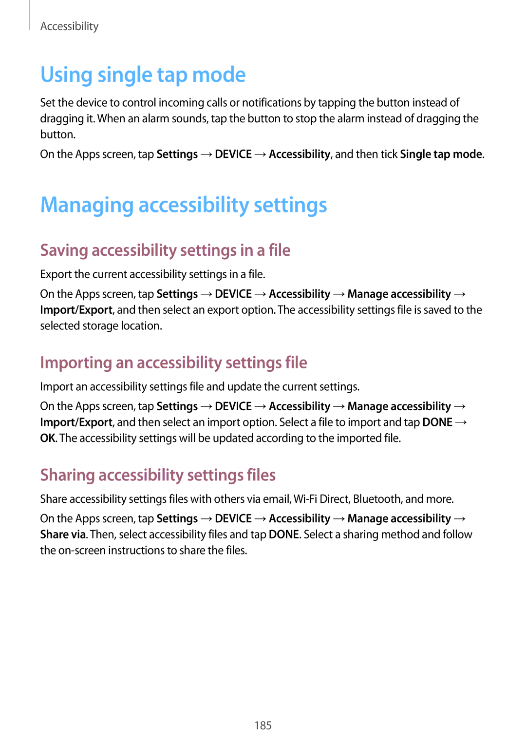 Samsung SM-T700NZWASEB Using single tap mode, Managing accessibility settings, Saving accessibility settings in a file 