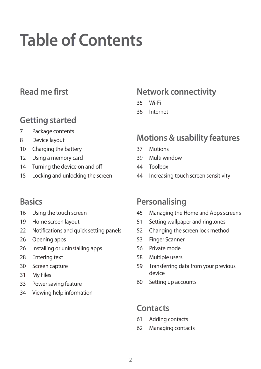 Samsung SM-T700NZWADBT, SM-T700NZWAXEO, SM-T700NZWASEB, SM-T700NTSADBT, SM-T700NZWATPH, SM-T700NZWAEUR manual Table of Contents 