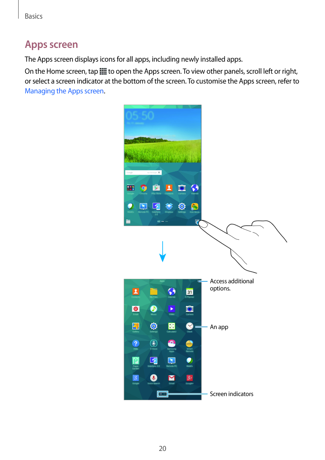 Samsung SM-T700NZWAITV, SM-T700NZWAXEO, SM-T700NZWASEB, SM-T700NZWADBT, SM-T700NTSADBT, SM-T700NZWATPH manual Apps screen 