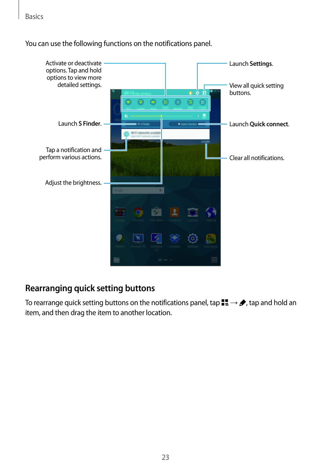 Samsung SM-T700NZWAPHE, SM-T700NZWAXEO, SM-T700NZWASEB, SM-T700NZWADBT, SM-T700NTSADBT manual Rearranging quick setting buttons 