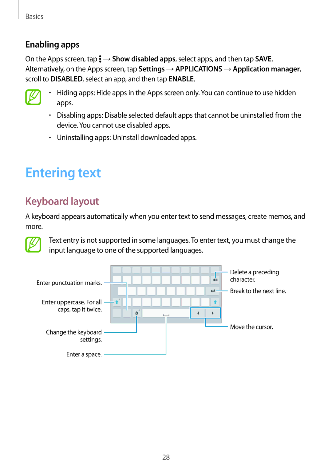 Samsung SM-T700NZWAXSK, SM-T700NZWAXEO, SM-T700NZWASEB, SM-T700NZWADBT manual Entering text, Keyboard layout, Enabling apps 