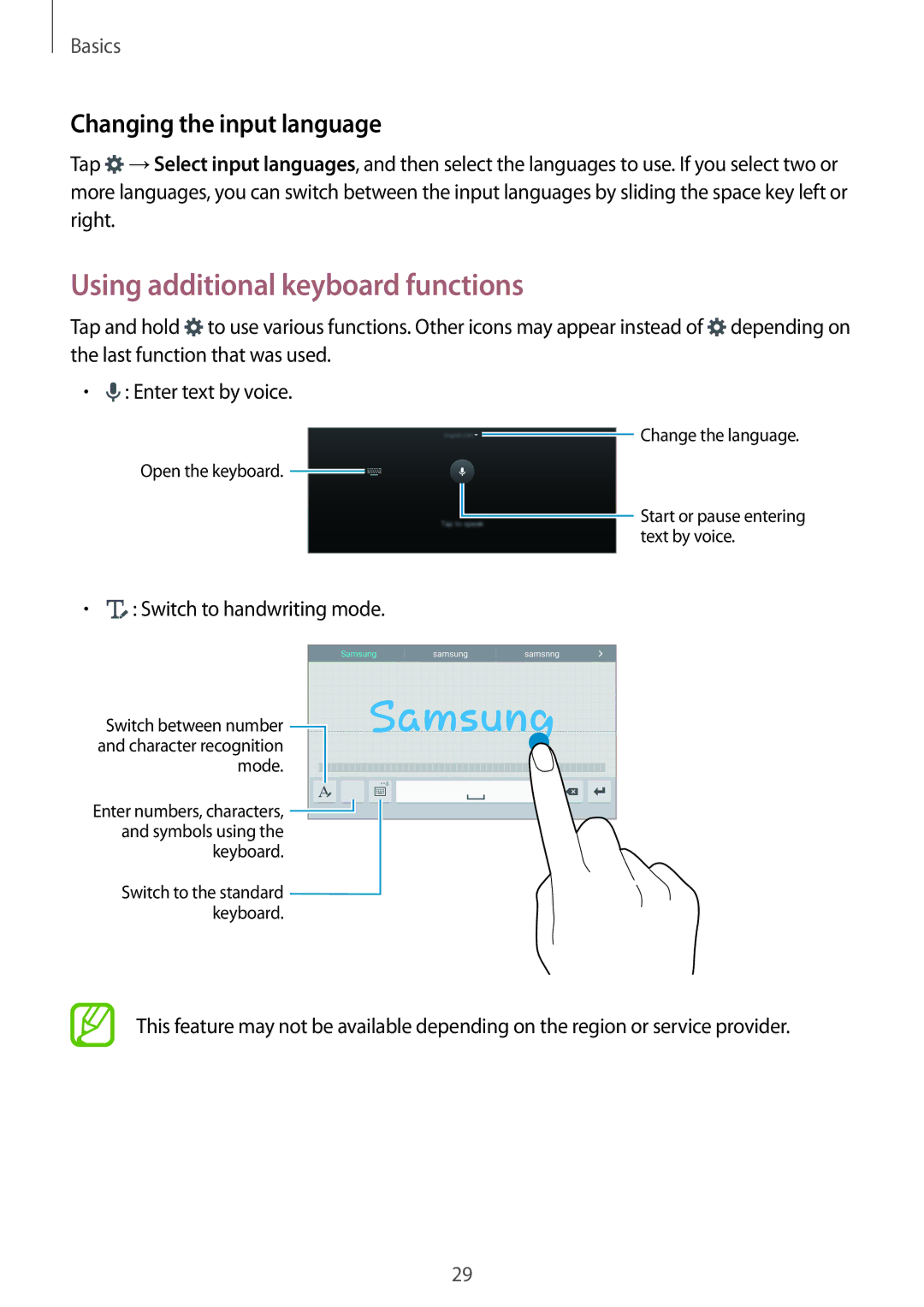 Samsung SM-T700NZWAXEZ manual Using additional keyboard functions, Changing the input language, Switch to handwriting mode 