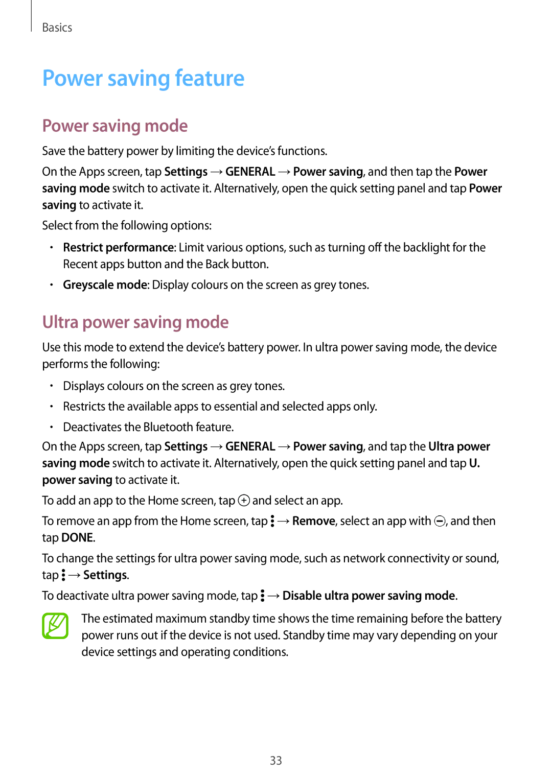 Samsung SM-T700NTSAAUT, SM-T700NZWAXEO, SM-T700NZWASEB Power saving feature, Power saving mode, Ultra power saving mode 