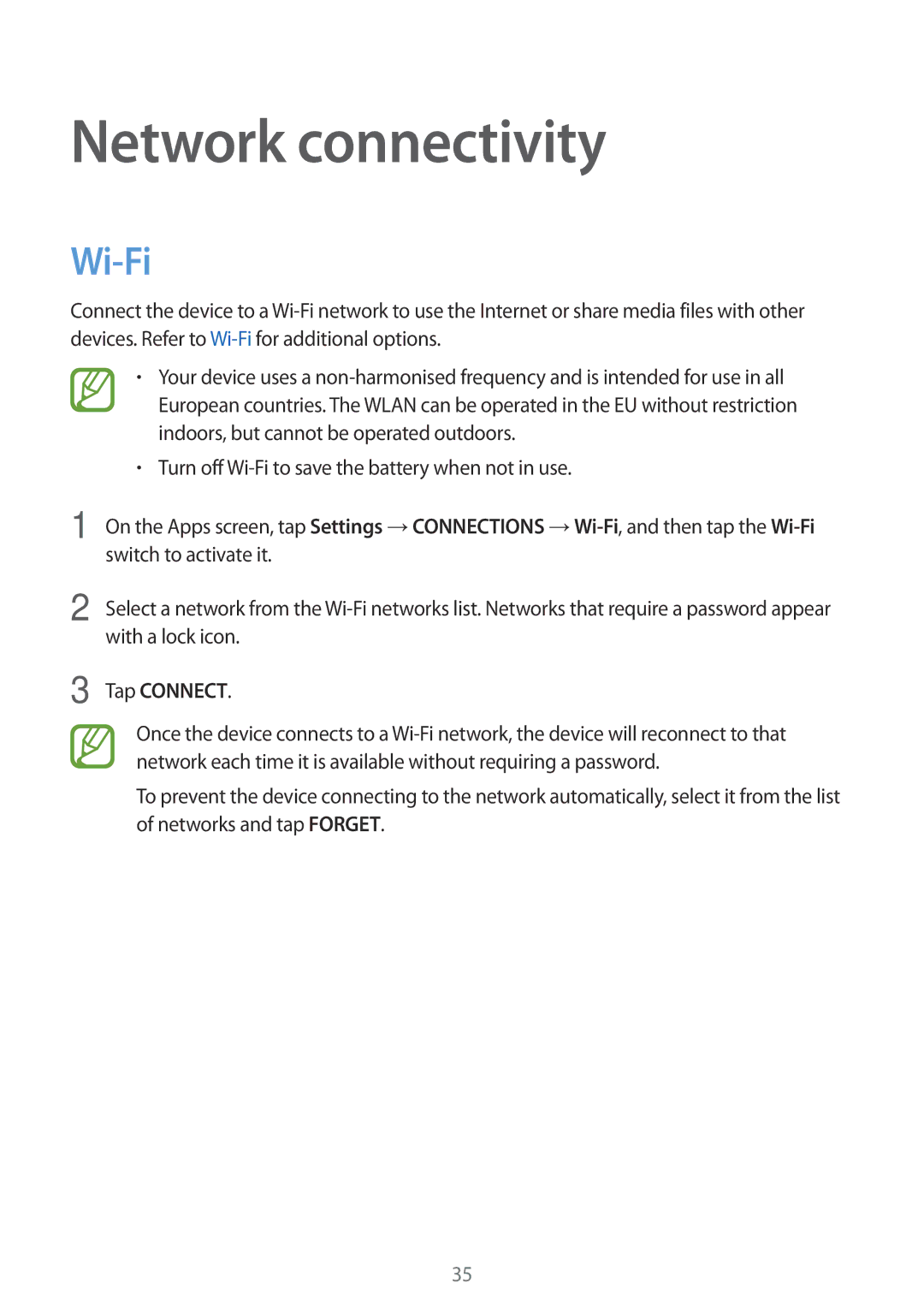 Samsung SM-T700NTSANEE, SM-T700NZWAXEO, SM-T700NZWASEB, SM-T700NZWADBT manual Network connectivity, Wi-Fi, Tap Connect 