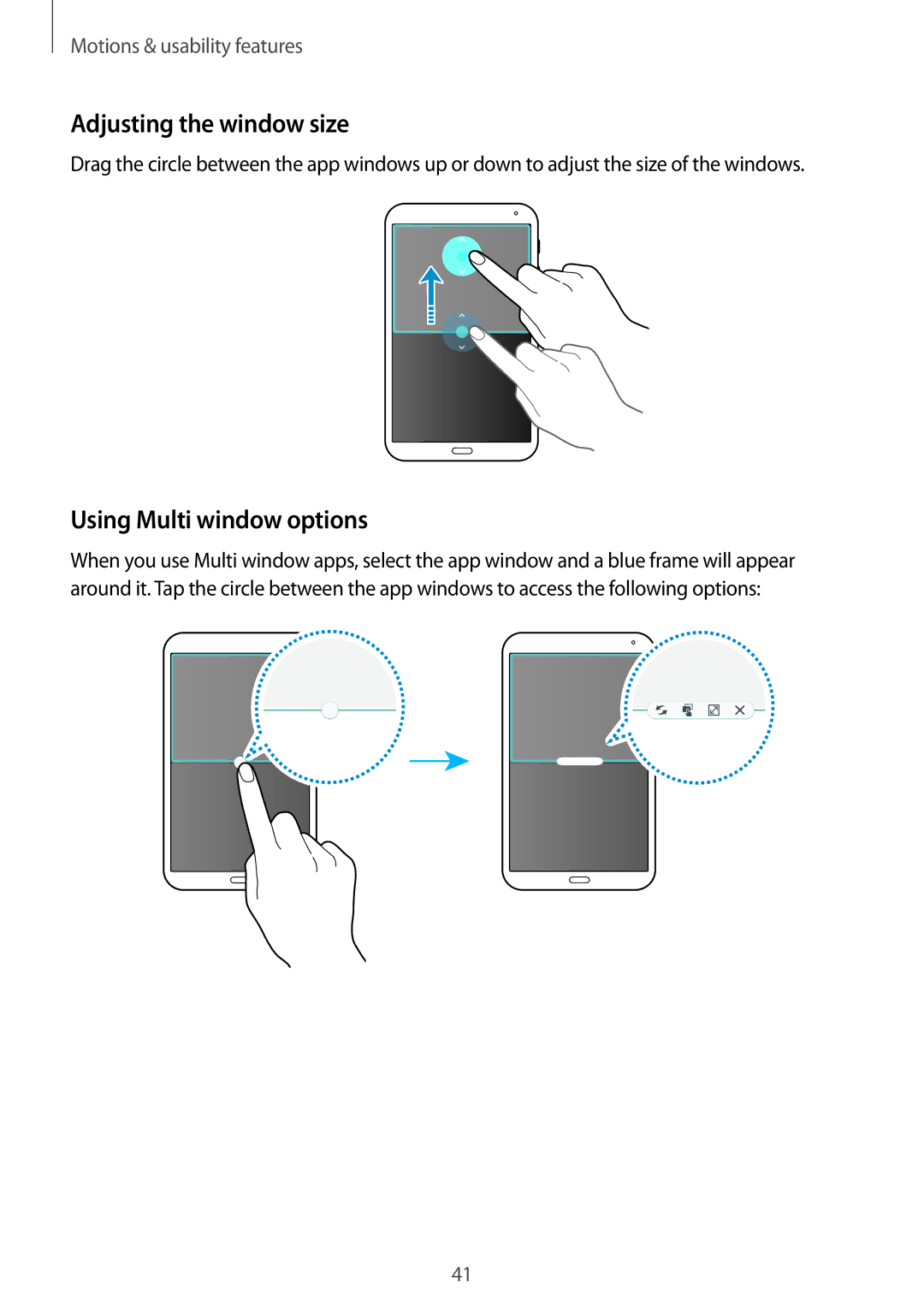 Samsung SM-T700NHAASER, SM-T700NZWAXEO, SM-T700NZWASEB, SM-T700NZWADBT Adjusting the window size, Using Multi window options 