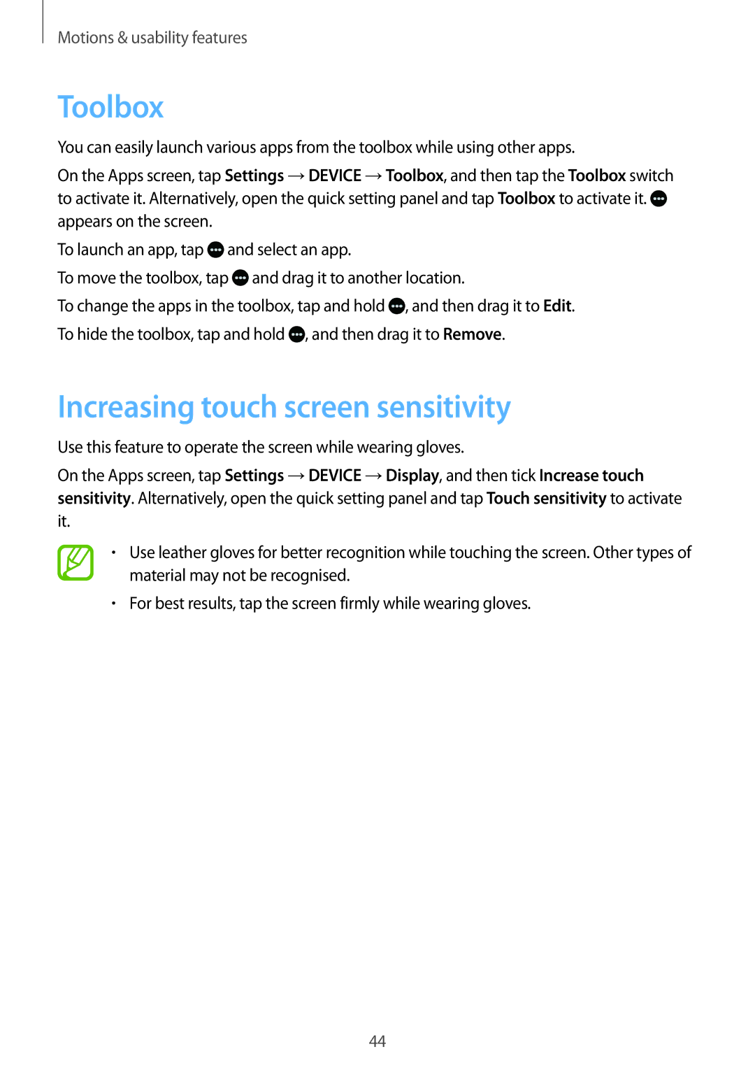 Samsung SM-T700NZWASER, SM-T700NZWAXEO, SM-T700NZWASEB, SM-T700NZWADBT manual Toolbox, Increasing touch screen sensitivity 