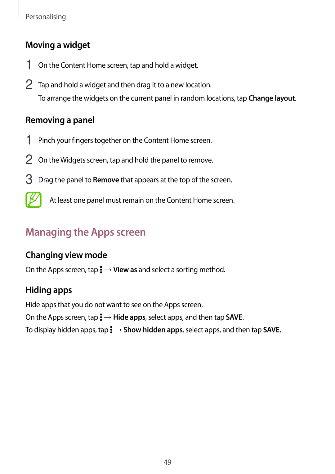 Samsung SM-T700NTSADBT manual Managing the Apps screen, Moving a widget, Removing a panel, Changing view mode, Hiding apps 