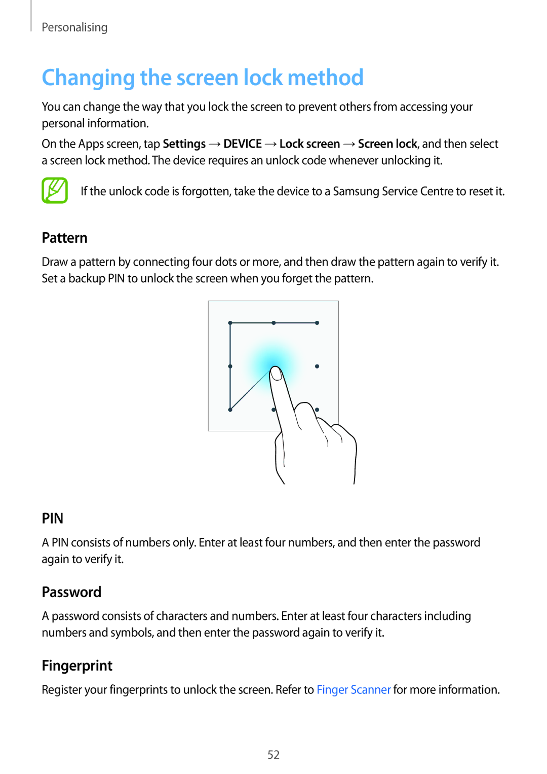 Samsung SM-T700NTSAEUR, SM-T700NZWAXEO, SM-T700NZWASEB manual Changing the screen lock method, Pattern, Password, Fingerprint 