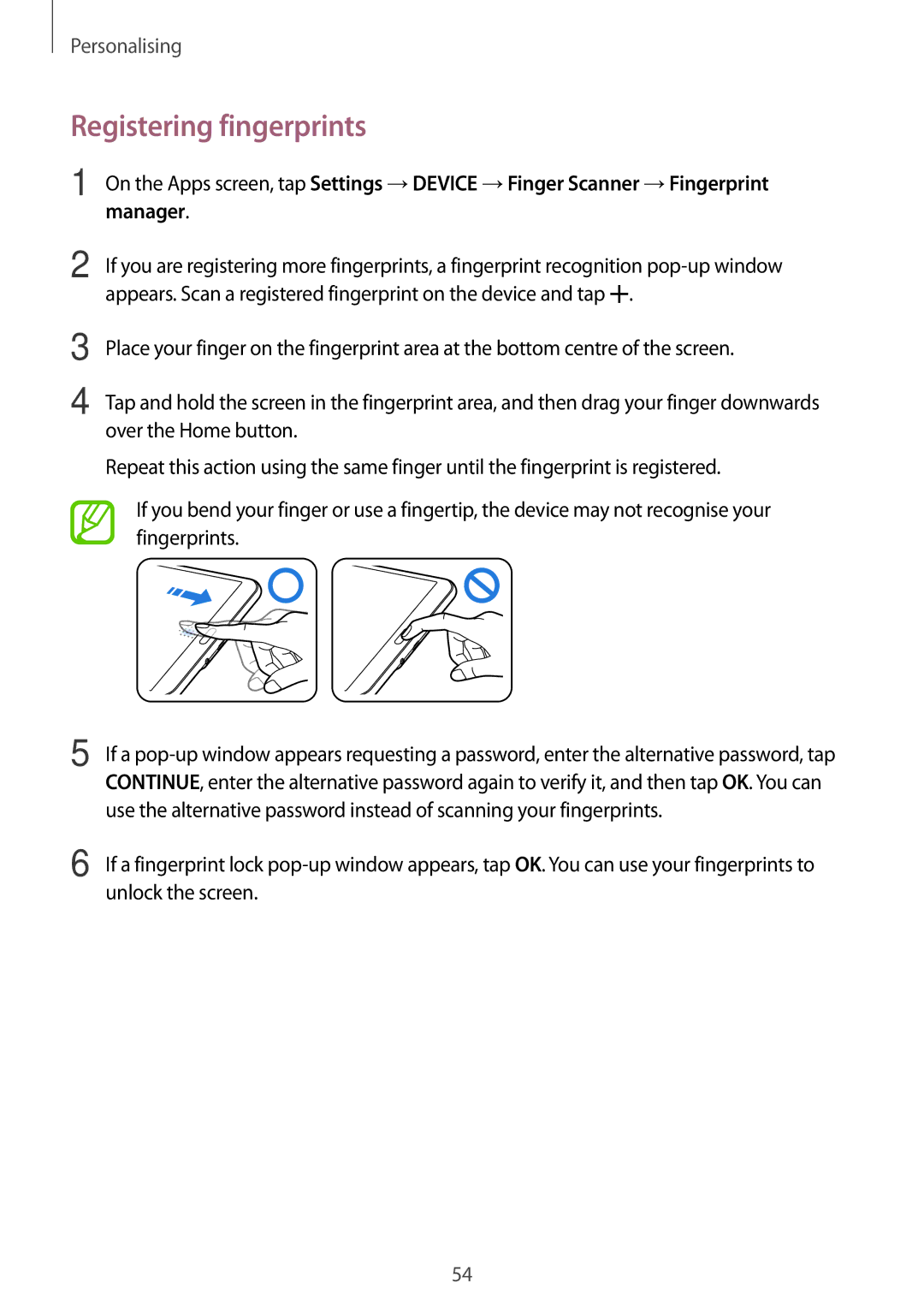 Samsung SM-T700NTSAATO, SM-T700NZWAXEO, SM-T700NZWASEB, SM-T700NZWADBT, SM-T700NTSADBT manual Registering fingerprints 