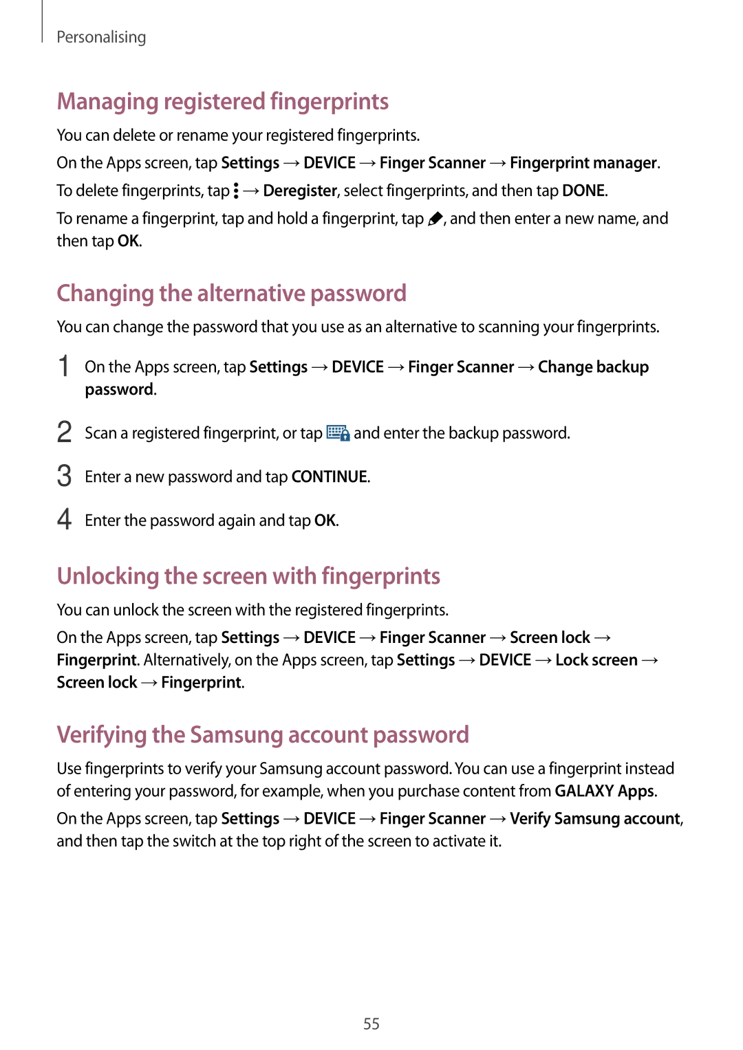 Samsung SM-T700NTSATPH, SM-T700NZWAXEO, SM-T700NZWASEB Managing registered fingerprints, Changing the alternative password 