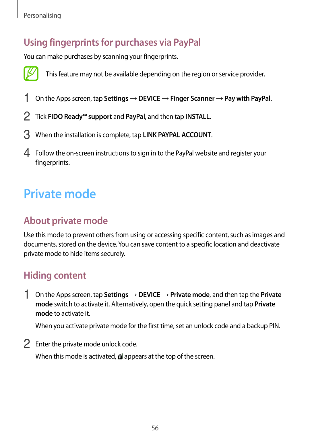 Samsung SM-T700NHAADBT manual Private mode, Using fingerprints for purchases via PayPal, About private mode, Hiding content 