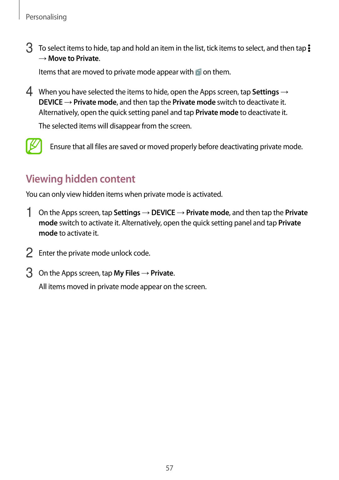 Samsung SM-T700NTSATUR Viewing hidden content, → Move to Private, Items that are moved to private mode appear with on them 