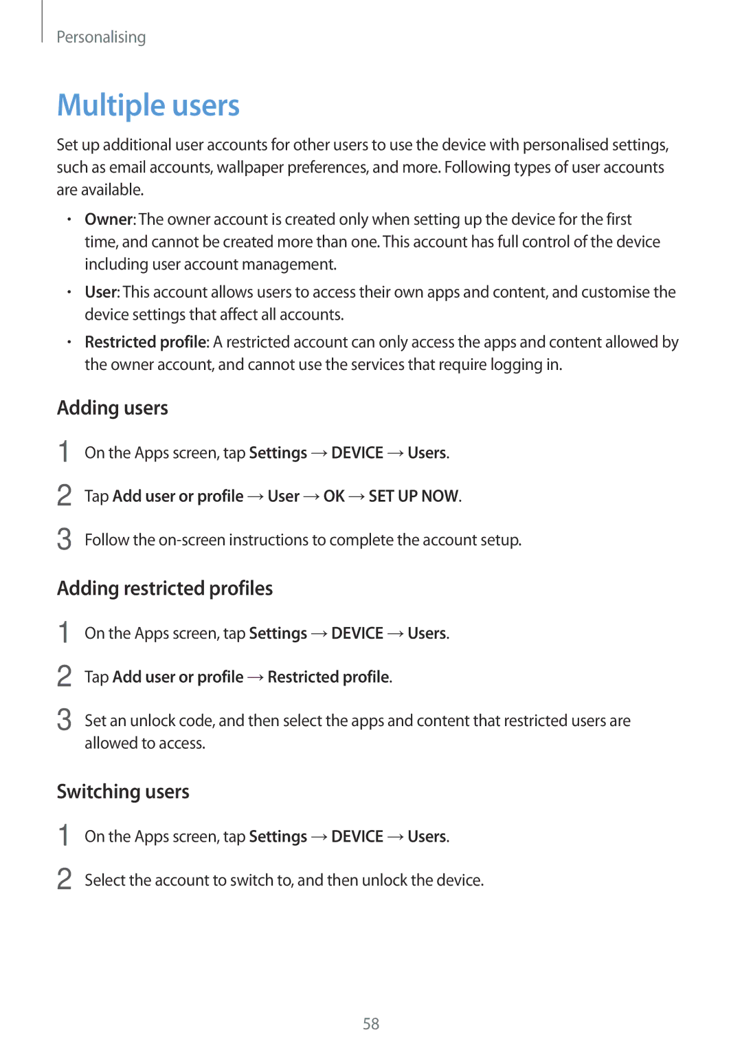 Samsung SM-T700NZWAATO, SM-T700NZWAXEO manual Multiple users, Adding users, Adding restricted profiles, Switching users 