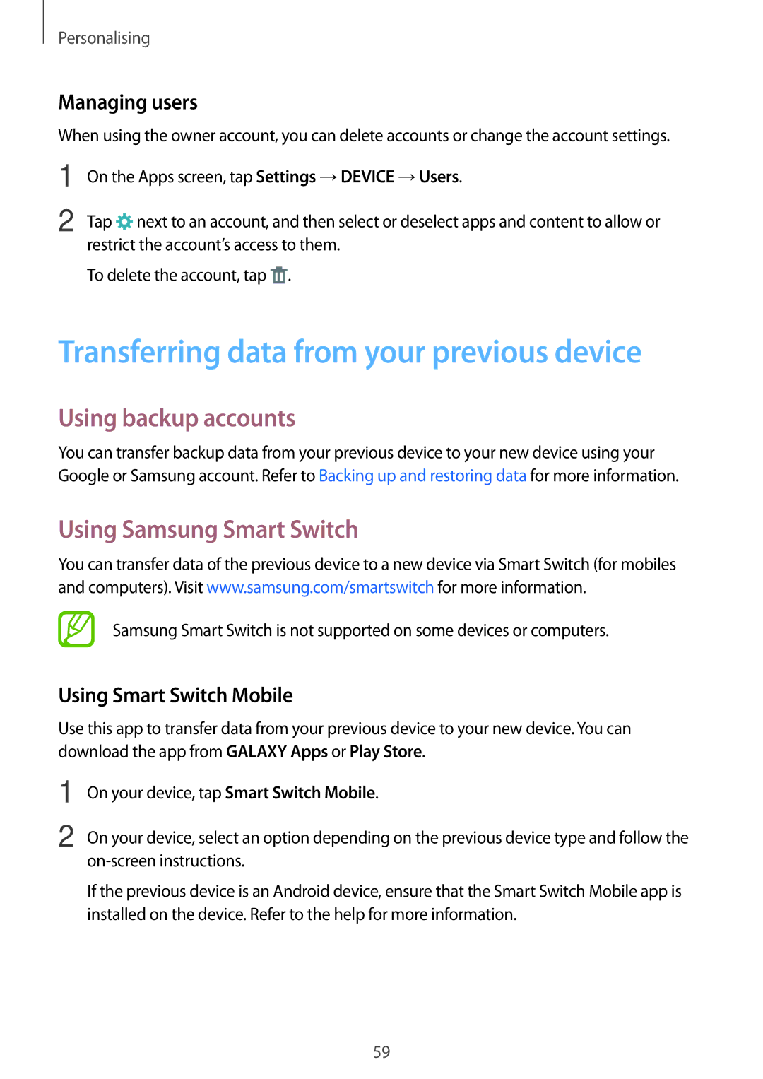 Samsung SM-T700NTSASEB Transferring data from your previous device, Using backup accounts, Using Samsung Smart Switch 