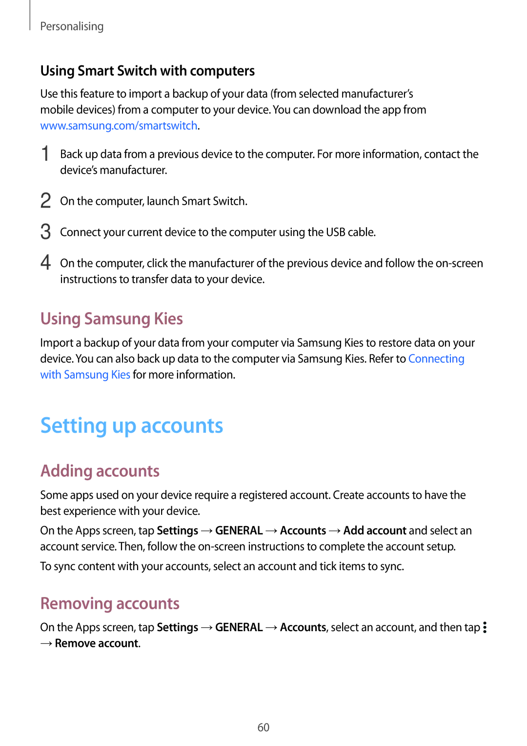 Samsung SM-T700NZWAXEF, SM-T700NZWAXEO manual Setting up accounts, Using Samsung Kies, Adding accounts, Removing accounts 