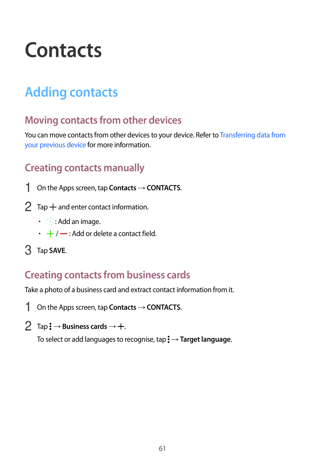 Samsung SM-T700NZWAXJP Contacts, Adding contacts, Moving contacts from other devices, Creating contacts manually 