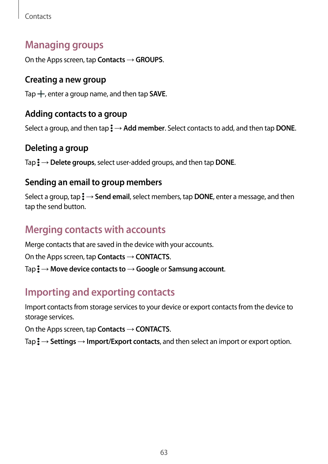 Samsung SM-T700NHAAXEF, SM-T700NZWAXEO Managing groups, Merging contacts with accounts, Importing and exporting contacts 