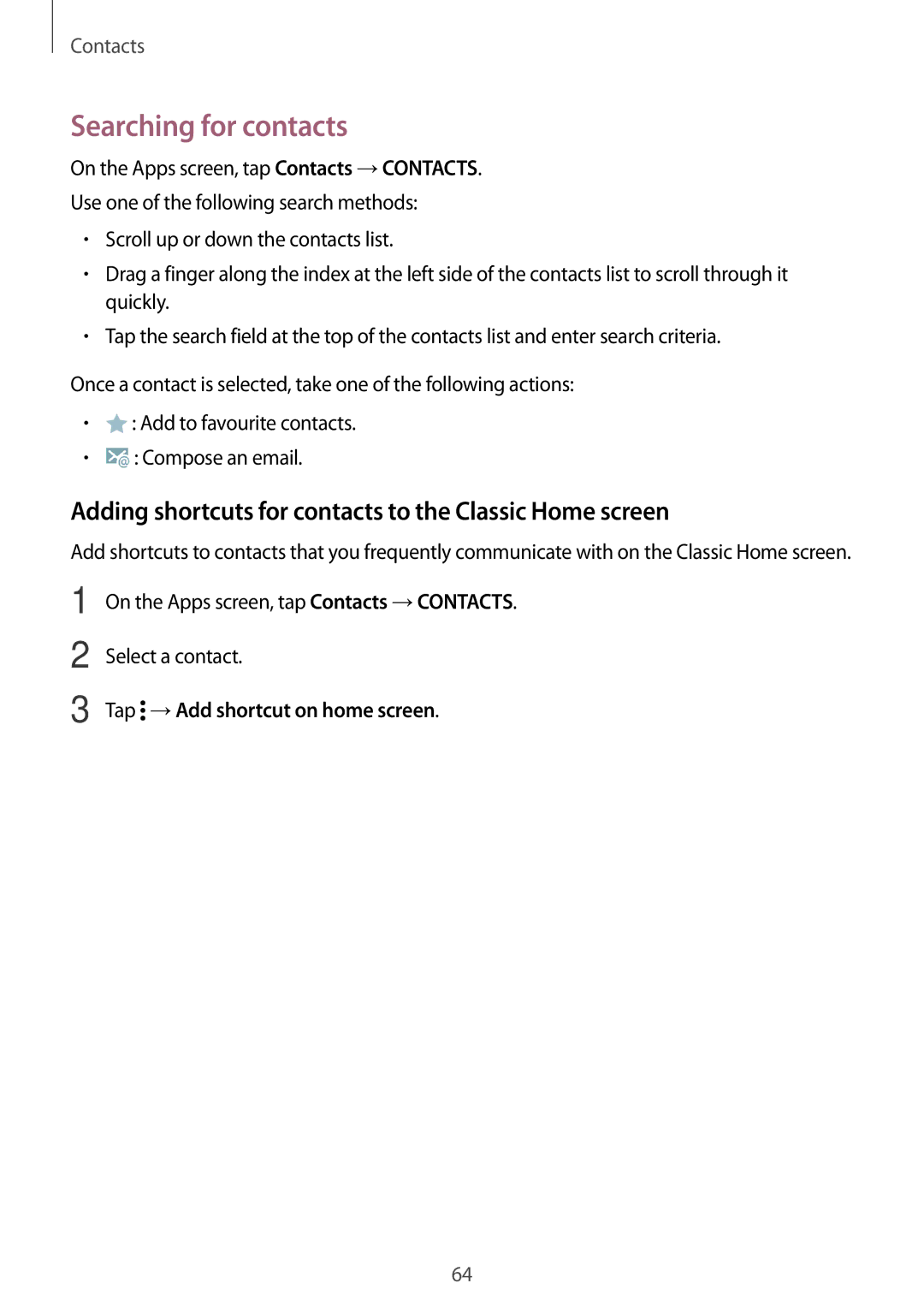 Samsung SM-T700NTSAXEO, SM-T700NZWAXEO Searching for contacts, Adding shortcuts for contacts to the Classic Home screen 