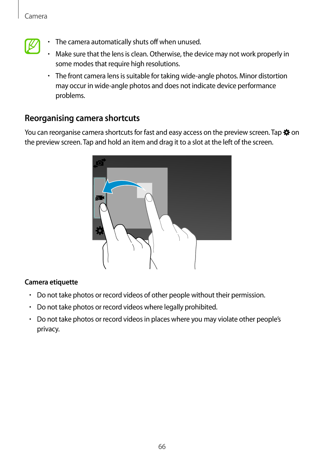 Samsung SM-T700NZWAITV, SM-T700NZWAXEO, SM-T700NZWASEB, SM-T700NZWADBT manual Reorganising camera shortcuts, Camera etiquette 