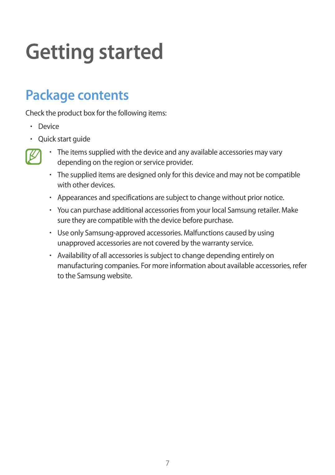 Samsung SM-T700NZWATUR, SM-T700NZWAXEO, SM-T700NZWASEB, SM-T700NZWADBT, SM-T700NTSADBT manual Getting started, Package contents 