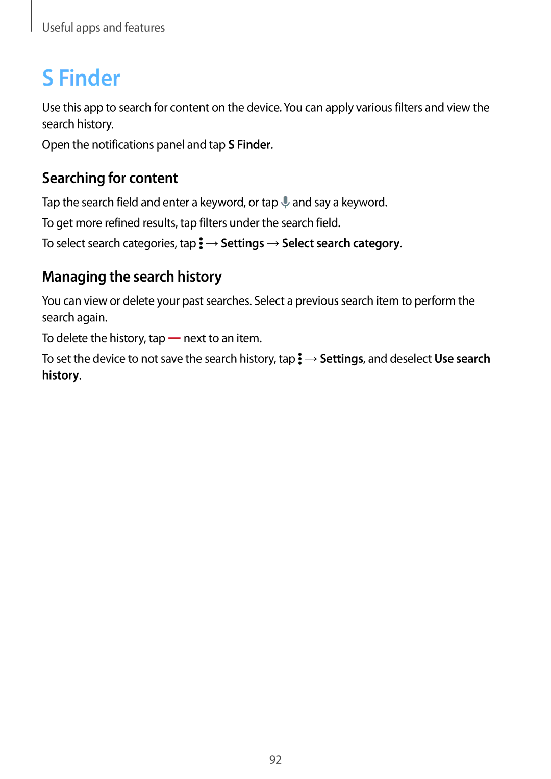Samsung SM-T700NZWAXEO, SM-T700NZWASEB, SM-T700NZWADBT manual Finder, Searching for content, Managing the search history 