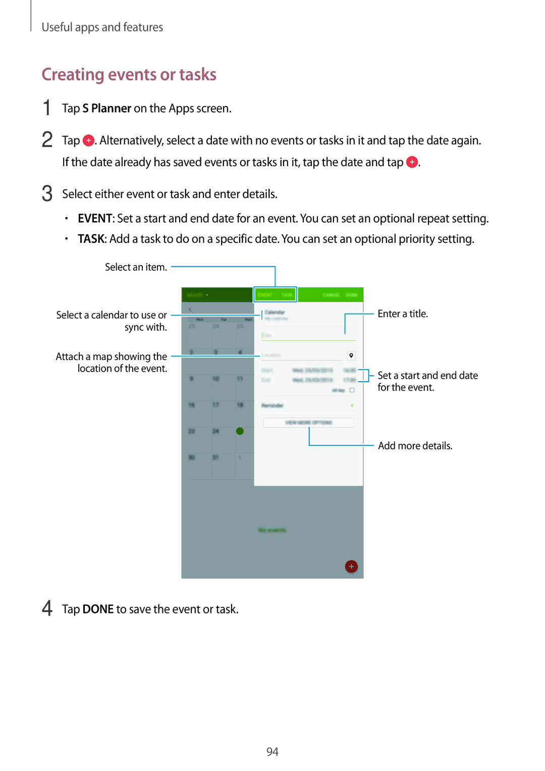 Samsung SM-T700NZWADBT Creating events or tasks, Tap S Planner on the Apps screen, Tap Done to save the event or task 