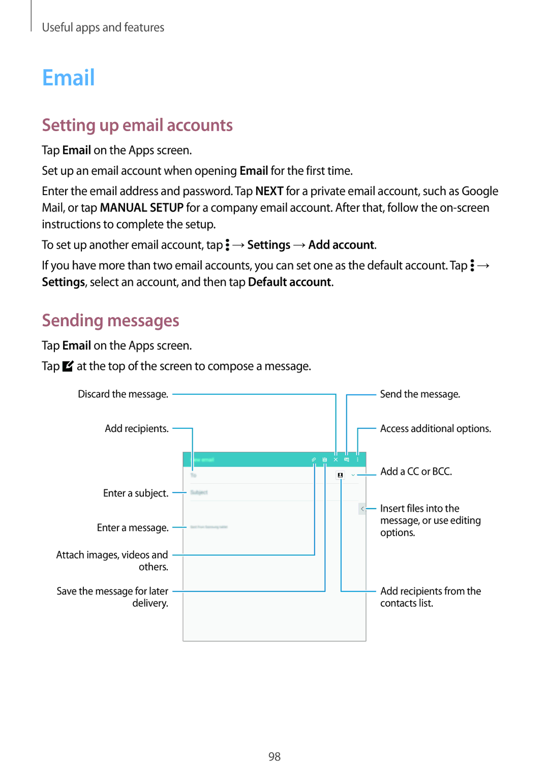 Samsung SM-T700NTSAEUR, SM-T700NZWAXEO manual Setting up email accounts, Sending messages, Tap Email on the Apps screen 