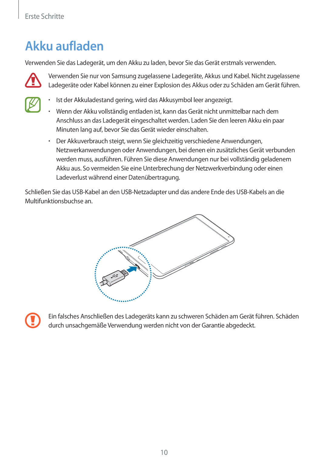 Samsung SM-T700NHAADBT, SM-T700NZWAXEO, SM-T700NZWASEB, SM-T700NZWADBT, SM-T700NTSADBT, SM-T700NZWATPH manual Akku aufladen 