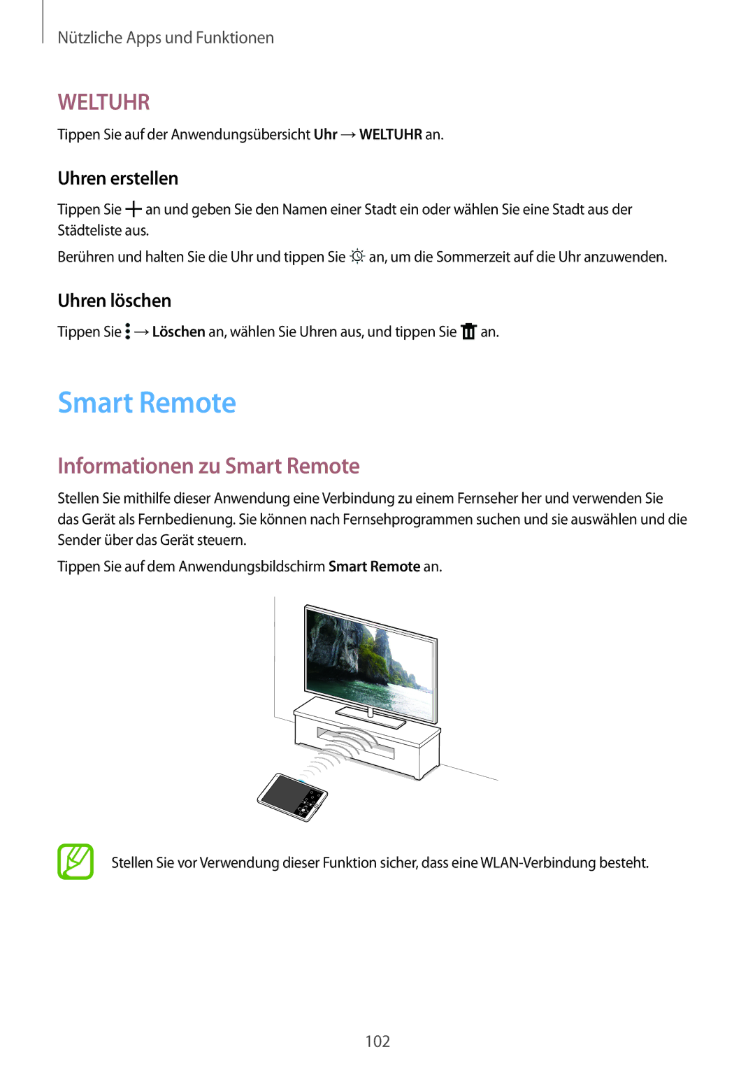 Samsung SM-T700NZWAATO, SM-T700NZWAXEO, SM-T700NZWASEB Informationen zu Smart Remote, Uhren erstellen, Uhren löschen 